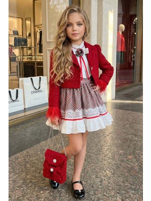 Riccotarz Kız Çocuk Kol Uçları Tüylü Kırmızı Şanel Ceket Etek Ucu Dantel Işlemeli Ekose Elbise