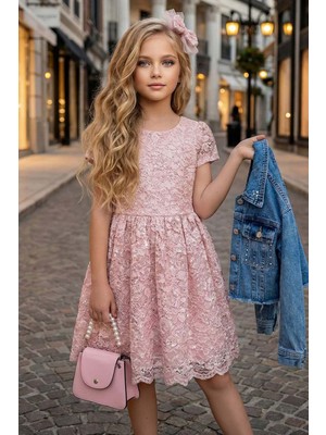 Riccotarz Kız Çocuk Jean Ceketli Dantel Işlemeli Tüllü Pudra Abiye