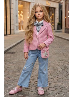 Riccotarz Kız Çocuk Fularlı Şifon Gömlek, Şanel Pembe Ceket ve Taş Detaylı Bol Kesim Pantolon Alt Üst Takım