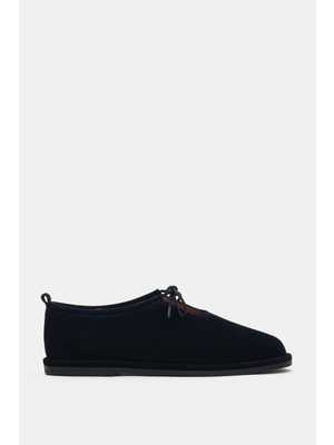 Selin Shoes Vireon Hakiki Deri Bağcık Detaylı Kadın Ayakkabı- Siyah Süet