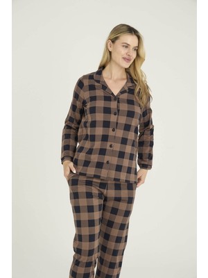 Kly %100 Pamuk Kadın Apaj Yaka Boydan Düğmeli Pijama Takımı