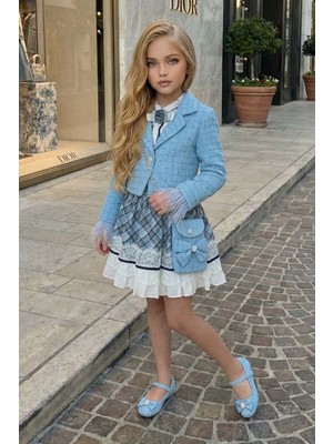 Riccotarz Kız Çocuk Kol Uçları Tüylü Mavi Şanel Ceket Etek Ucu Dantel Işlemeli Ekose Elbise