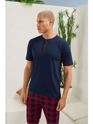 Kly %100 Pamuk Erkek Midi Yaka Erkek Pijama Takımı Şık Tasarım