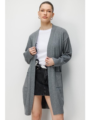 Mixray 7026 Kadın Basic Cepli Triko Hırka Antrasit