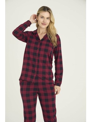 Kly %100 Pamuk Kadın Apaj Yaka Boydan Düğmeli Pijama Takımı