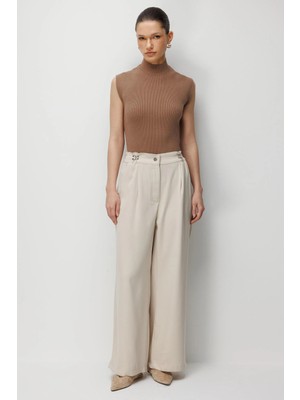 Mixray 4792 Kadın Overlap Kanca Detaylı Dökümlü Pantolon Taş