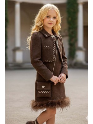 Riccotarz Kız Çocuk Yaka ve Kenarlar Boncuk ve Taş Işleme Ceket Etek Ucu Tüylü Kolsuz Kahverengi Şanel Elbise