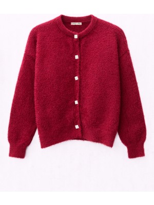 Mixray 6902 Kadın Sakallı Basic Yumuşak Dokulu Triko Hırka Bordo