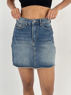 Miss Poem Kadın Yanları Taş Detaylı Mavi Denim Kot Etek