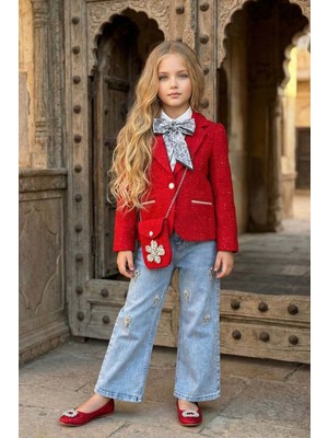 Riccotarz Kız Çocuk Fularlı Şifon Gömlek, Şanel Kırmızı Ceket ve Taş Detaylı Bol Kesim Pantolon Alt Üst Takım