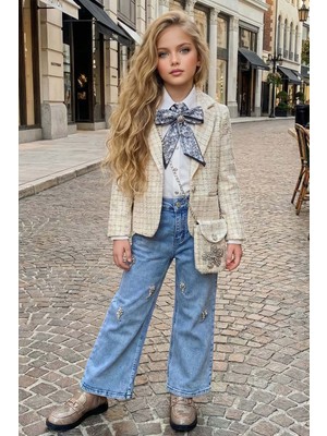 Riccotarz Kız Çocuk Fularlı Şifon Gömlek, Şanel Ekru Ceket ve Taş Detaylı Bol Kesim Pantolon Alt Üst Takım