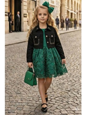 Riccotarz Kız Çocuk Jean Ceketli Dantel Işlemeli Tüllü Yeşil Abiye