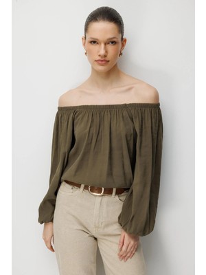 Mixray 4819 Kadın Madonna Yaka Modal Bluz Haki