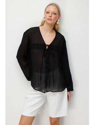 Mixray 4803 Kadın Gül Tülü Transparan Bluz Siyah