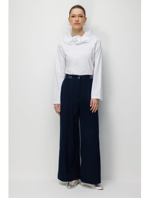 Mixray 4792 Kadın Overlap Kanca Detaylı Dökümlü Pantolon Lacivert