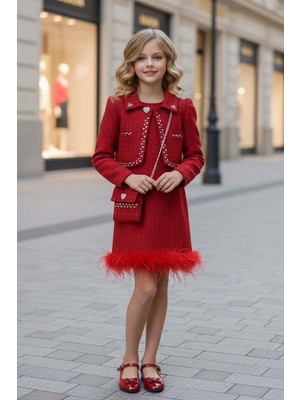 Riccotarz Kız Çocuk Yaka ve Kenarlar Boncuk ve Taş Işleme Ceket Etek Ucu Tüylü Kolsuz Kırmızı Şanel Elbise