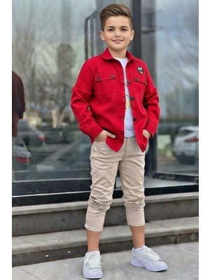 Riccotarz Erkek Çocuk Sırt Baskılı Çıtçıt Düğmeli Kırmızı Gömlek Dar Kesim Pantolon Alt Üst Takım