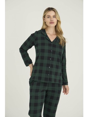 Kly %100 Pamuk Kadın Apaj Yaka Boydan Düğmeli Pijama Takımı