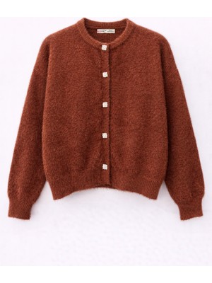 Mixray 6902 Kadın Sakallı Basic Yumuşak Dokulu Triko Hırka Kahve