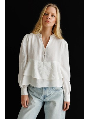 Mixray 4812 Kadın Fırfırlı V Yaka Bluz Ekru
