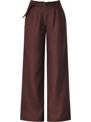 Mixray 4808 Kadın Toka Detaylı Geniş Paça Pantolon Kahve