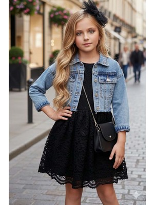 Riccotarz Kız Çocuk Jean Ceketli Dantel Işlemeli Tüllü Siyah Abiye