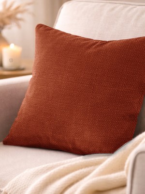 Favolli Kiremit Keten Dokulu Şık Dekoratif Kırlent Kılıfı Gizli Fermuarlı Modern Salon Yastığı