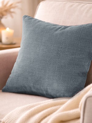 Favolli Gece Mavisi Keten Dokulu Şık Dekoratif Kırlent Kılıfı Gizli Fermuarlı Modern Salon Yastığı