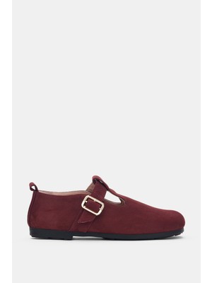 Selin Shoes Elvior Hakiki Deri Gold Ayarlanabilir Toka Detaylı Kadın Ayakkabı- Bordo Süet