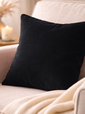 Favolli Siyah Keten Dokulu Şık Dekoratif Kırlent Kılıfı Gizli Fermuarlı Modern Salon Yastığı