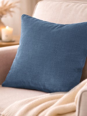 Favolli İndigo Rengi Keten Dokulu Şık Dekoratif Kırlent Kılıfı Gizli Fermuarlı Modern Salon Yastığı