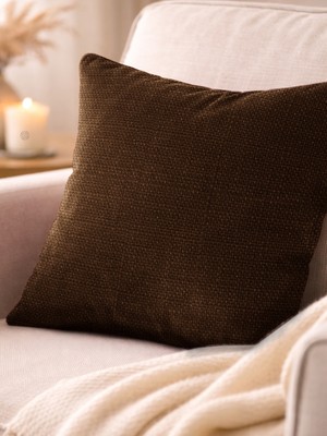 Favolli Kahverengi Keten Dokulu Şık Dekoratif Kırlent Kılıfı Gizli Fermuarlı Modern Salon Yastığı
