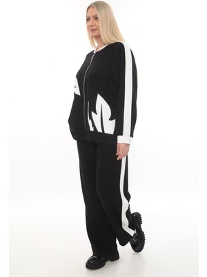 Zitex Baskı ve Taş Detaylı Yanları Garnili Modal Kumaş Büyük Beden Eşofman Takımı