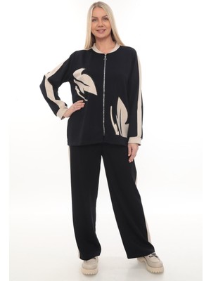 Zitex Baskı ve Taş Detaylı Yanları Garnili Modal Kumaş Büyük Beden Eşofman Takımı