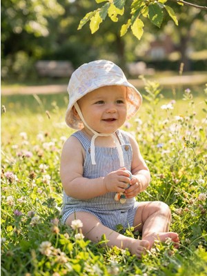 Caramell %100 Pamuk Yazlık Bebek Şapkası Bucket Şapka - Çene Altı Bağcıklı