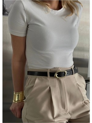 KİLİGİSTANBUL Lemu Siyah Suni Deri, Gold Tokalı Kemer 100 cm