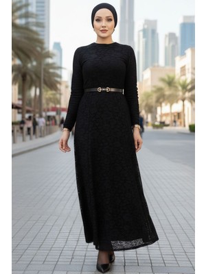 İlkimay.com Dantel Içi Astarlı Kemerli Elbise 1685 - Siyah