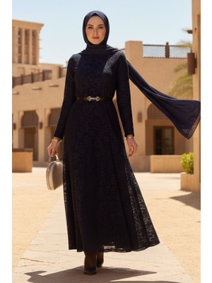 İlkimay.com Dantel Içi Astarlı Kemerli Elbise 1685 - Lacivert