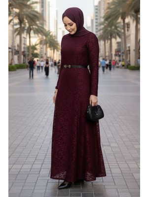 İlkimay.com Dantel Içi Astarlı Kemerli Elbise 1685 - Bordo