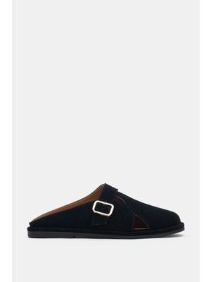 Selin Shoes Liorix Hakiki Deri Asimetrik Kesim Gold Ayarlanabilir Toka Detaylı Kadın Terlik- Siyah Süet