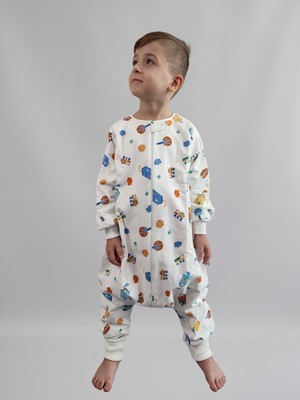 Pamuk Pazen Uzun Kollu Bebek Çocuk Uyku Tulumu Mavi Ev Desenli 20-24 Derece