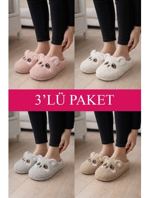 ModaFrato 3'lü Paket Teddy Kapalı Kadın Terlik Ev Terliği Ses Yapmayan Taban Içi Yünlü