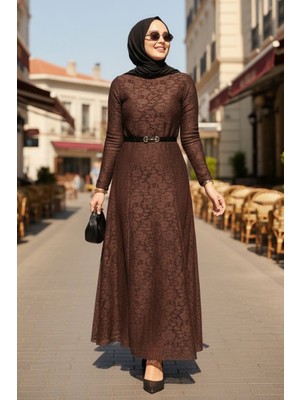 İlkimay.com Dantel Içi Astarlı Kemerli Elbise 1685 - Kahve