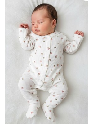 by BebekOdam Kız Bebek Ekru Pembe Gül Desenli Fitilli Patikli Tulum - 1016485