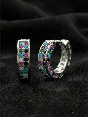 Erdobia 925 Ayar Mix Taşlı Rodyum Iki Sıra Huggie Halka Gümüş Küpe