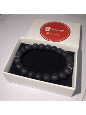 GTD Ay Yıldız Motifli 8mm Mat Siyah Doğal Oniks Taşı Erkek Bileklik - Şık Hediye Kutulu Maskülen Tasarım