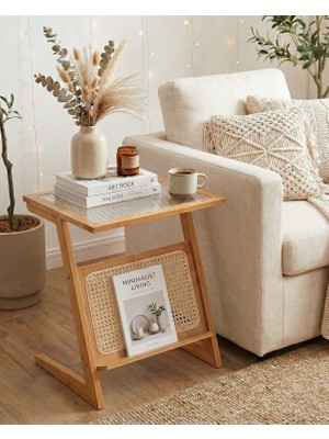 Robin Home Doğal Bambu Hazeranlı Rattan Yan Sehpa Gazetelik Kitaplık Dergilik