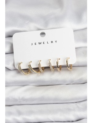 Eco Lounge Zirkon Taşlı Gold Renk Pirinç Kadın Küpe Seti