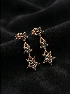 Erdobia 925 Ayar Oniks Taşlı Rose Üç Sıra Yıldız Çivili Gümüş Küpe