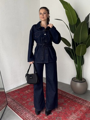 Asfa Moda Kadın Lacivert Viral Kot Takım Oversize Gömlek Wide Leg Pantolon Kemerli Jean Ikili Set